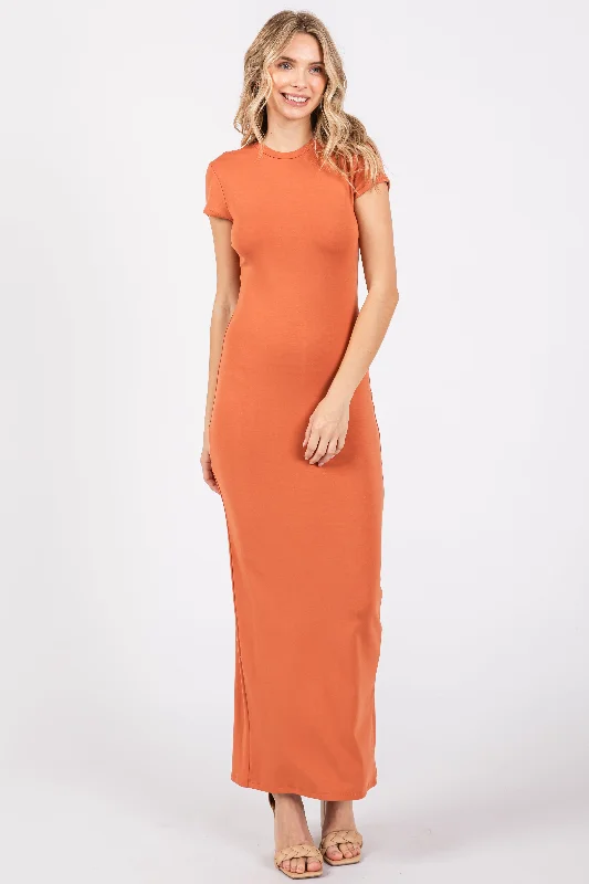 Discount Deals comfy maxi dressRust Fitted Short Sleeve Maxi Dress