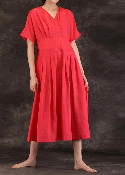 Super Bargain printed dressWomen v neck tie waist linen clothes For Women Inspiration red Dress summer