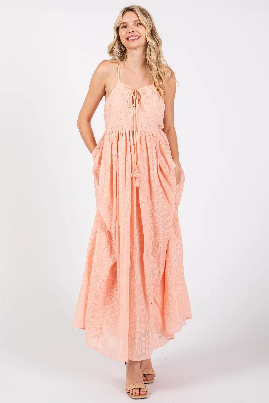 Instant Savings casual knit dressLight Pink Embroidered Tassel Tie Maxi Dress