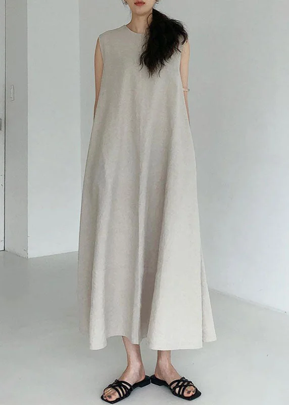 Super Sale fitted dressStylish Beige Zip Up Patchwork Cotton Long Dress Sleeveless