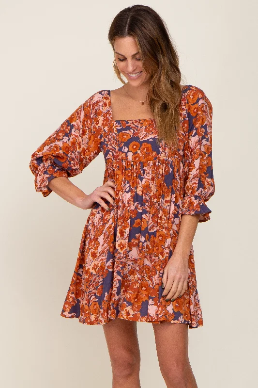 Act Fast stylish dressNavy Rust Floral Puff Sleeve Mini Dress