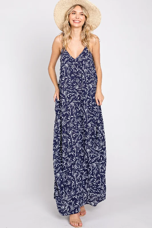 Last Chance structured dressNavy Leaf Print Double V-Neck Maxi Dress