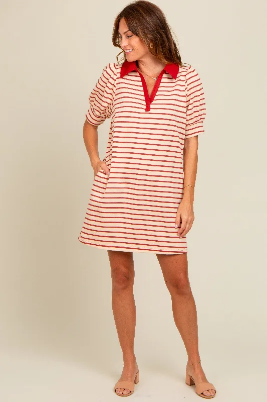 Doorbuster Deal elegant maxi dressCream Striped Collared Puff Sleeve Dress