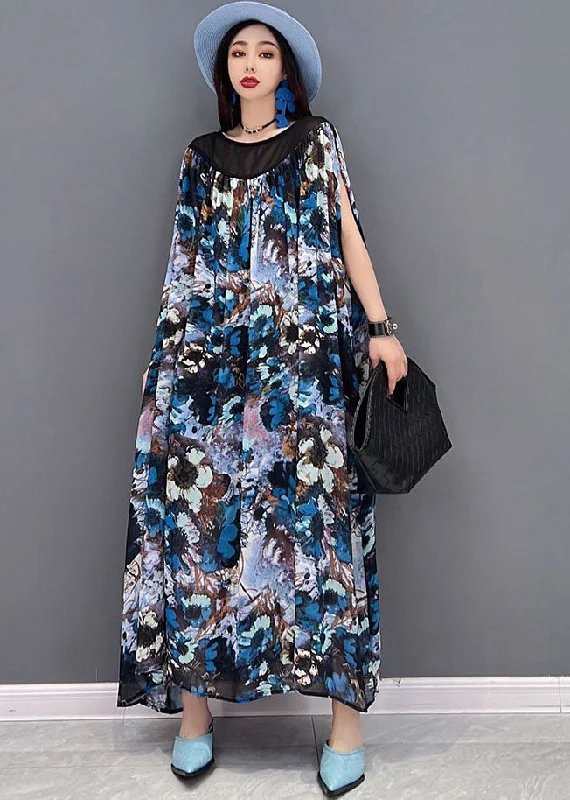 Flash Deals casual shift dressFashion Blue Print Patchwork Draping Chiffon Long Dress Short Sleeve