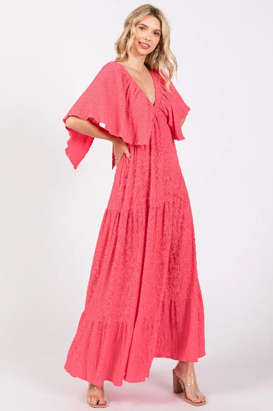 Exclusive Savings trendy dressCoral Flounce Sleeve Tiered Dress