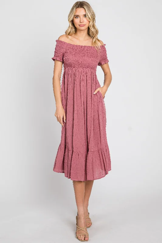 Discount Deals high-waisted dressMauve Off Shoulder Smocked Midi Dress