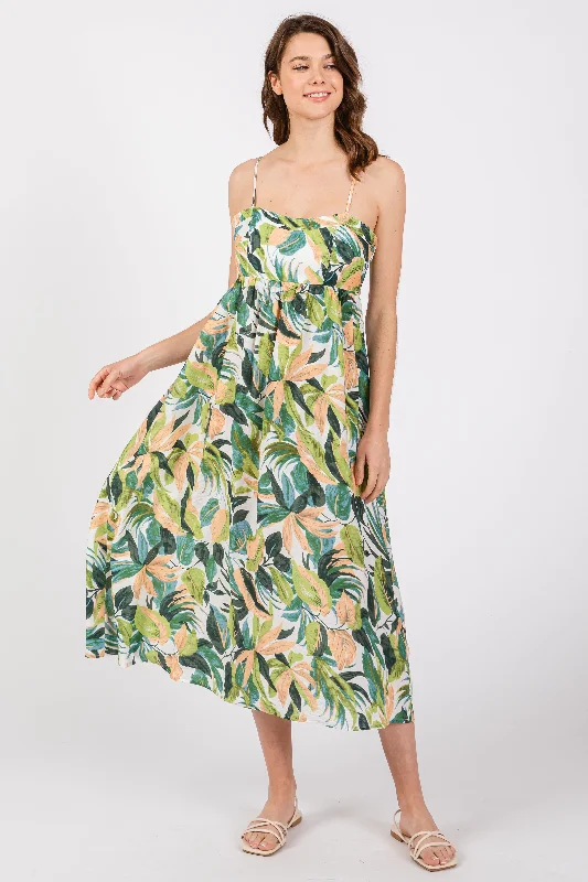 Bonus Savings vintage dressGreen Leaf Print Open Back Midi Dress
