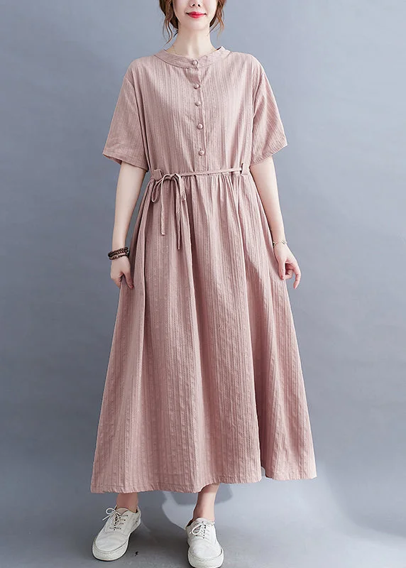 Inventory Reduction wool dressClassy Pink Stand Collar Button Tie Waist Long Dress Summer Inventory Reduction wool dressClassy Pink Stand Collar Button Tie Waist Long Dress Summer