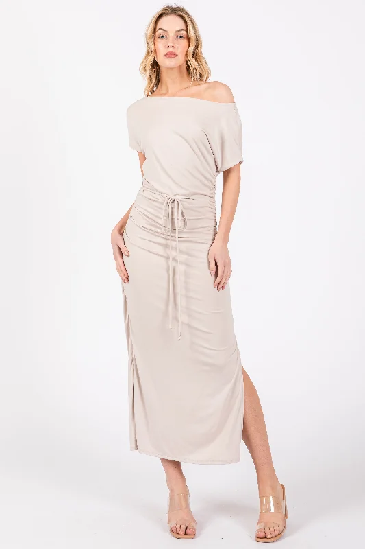 Price Rollback floral dressBeige Boat Neck Side Ruched Waist Tie Midi Dress