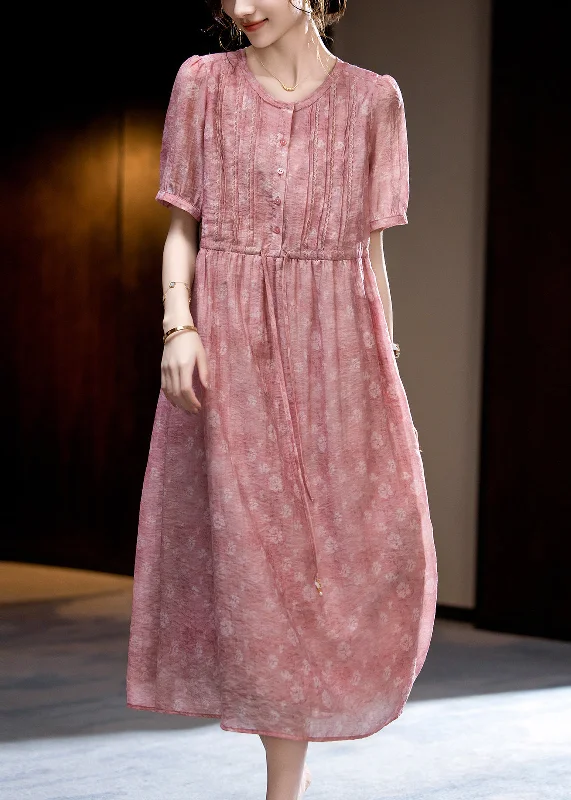 romantic dressLoose Dark Pink O-Neck Print Wrinkled Silk Long Dress Short Sleeve