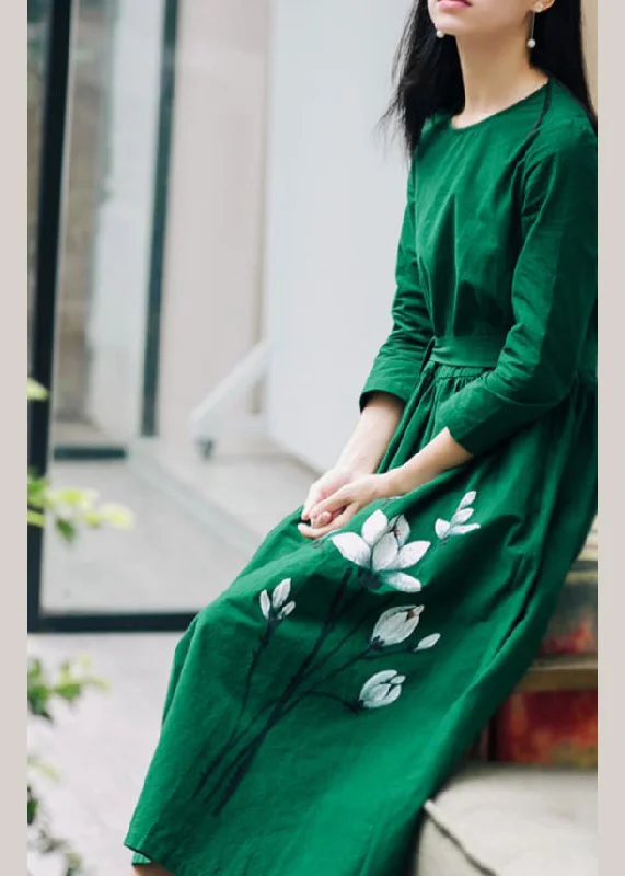 Major Savings summer dressNatural Green O-Neck Cinched Sashes Print Linen Dress Three Quarter sleeve Major Savings summer dressNatural Green O-Neck Cinched Sashes Print Linen Dress Three Quarter sleeve
