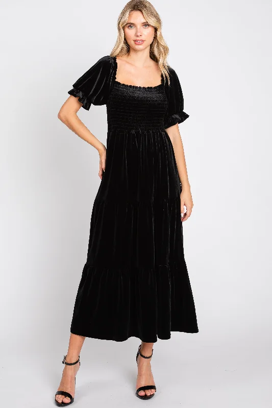 Exclusive Savings floral midi dressBlack Velvet Tiered Midi Dress