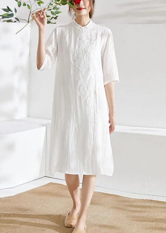 Clearance Items chic dressWhite Mandarin Collar Embroideried A Line Summer Ramie Holiday Dress Half Sleeve