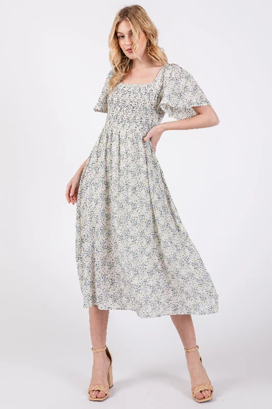 Extra Discounts v-neck dressWhite Floral Square Neck Smocked Midi Dress