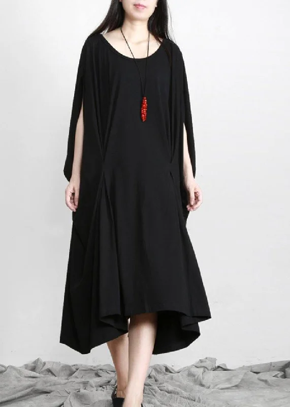Overstock Sale printed dressDIY Black Asymmetric Cotton Long Dress O Neck