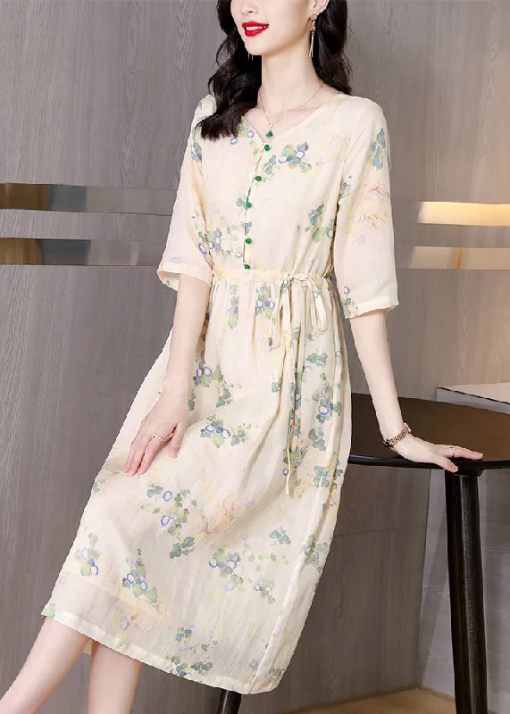 long sleeve dressFrench Yellow Print Lace Up Pockets Linen Dresses Half Sleeve