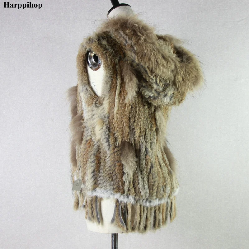 soft coatHarppihop fashion rabbit fur vest raccoon fur trimming knitted rabbit fur vest with hood fur waistcoat gilet