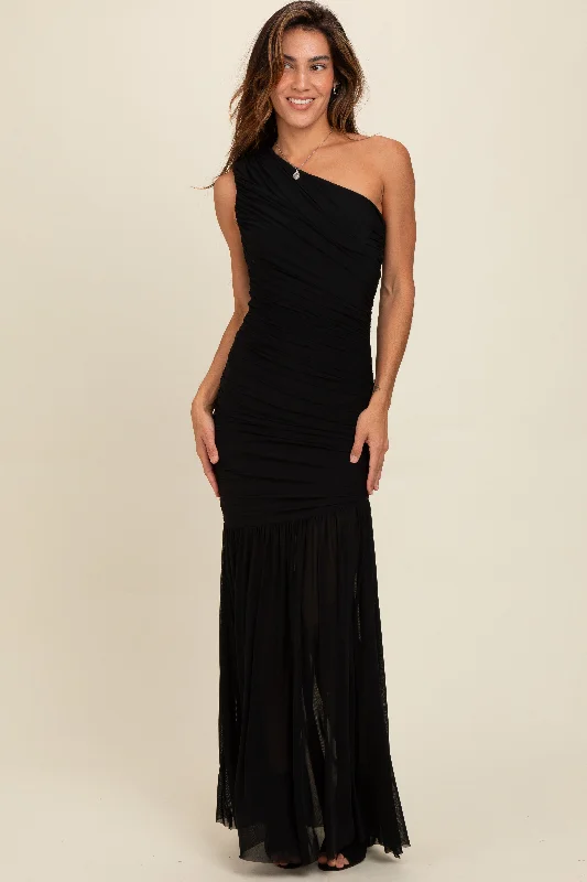 Year-End Sale modern dressBlack Ruched Mesh One Shoulder Maxi Dress