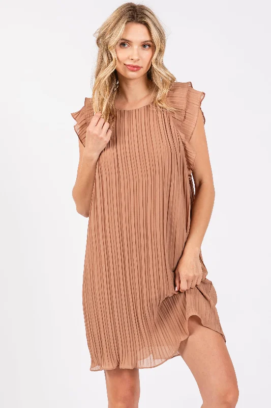 Extra Savings bohemian dressMocha Flutter Sleeve Pleated Chiffon Mini Dress