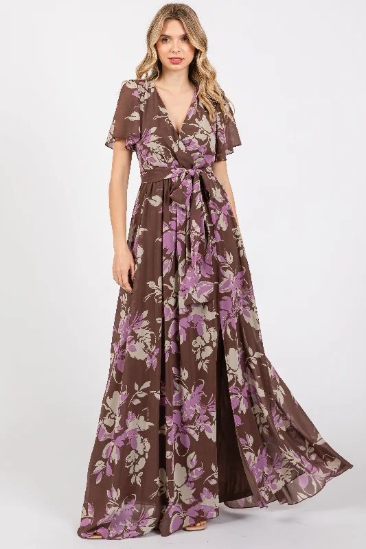 Midnight Madness satin midi dressBrown Floral V-Neck Side Slit Dress