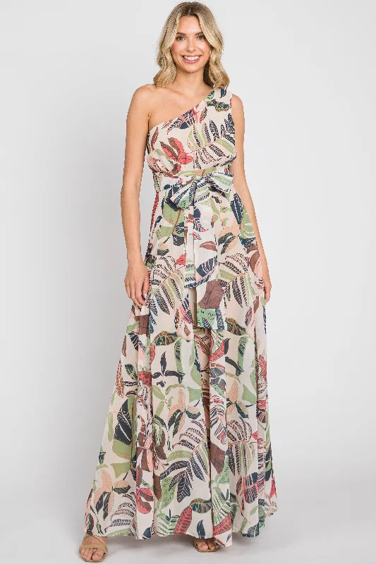 Now or Never trendy wrap dressTaupe Leaf Print Chiffon One Shoulder A-Line Waist Tie Maxi Dress Now or Never trendy wrap dressTaupe Leaf Print Chiffon One Shoulder A-Line Waist Tie Maxi Dress