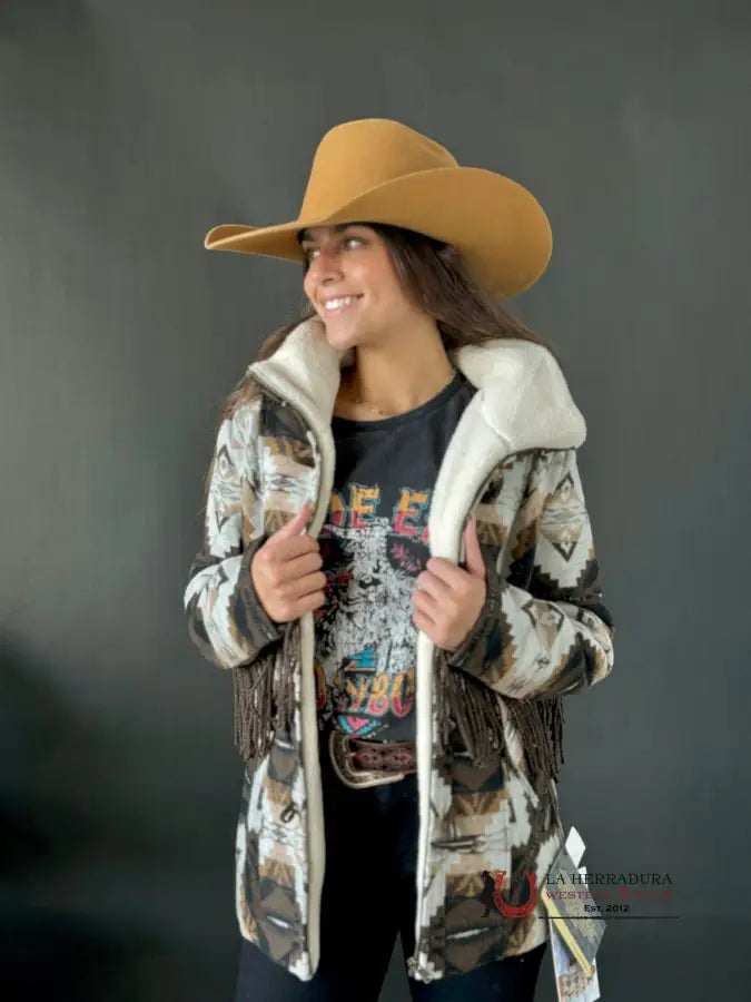 Year-End Sale Rock&Roll Womens Aztec wool coat Fringe Dark Brown