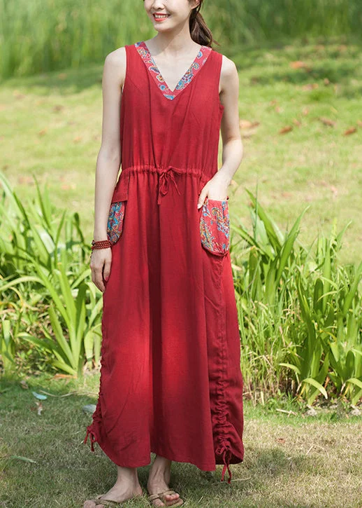Weekend Special casual evening dressCasual Red V Neck drawstring pocket Patchwork Vacation Dresses Sleeveless Weekend Special casual evening dressCasual Red V Neck drawstring pocket Patchwork Vacation Dresses Sleeveless