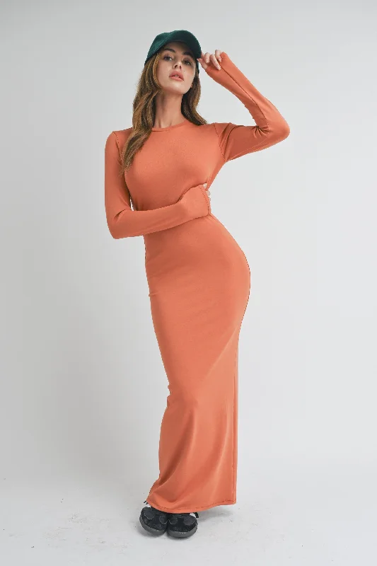 Best Bargains elegant maxi dressRust Long Sleeve Fitted Maxi Dress