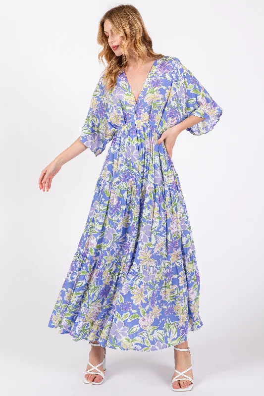 Best Bargains luxury dressBlue Floral Dolman Sleeve Tiered Maxi Dress