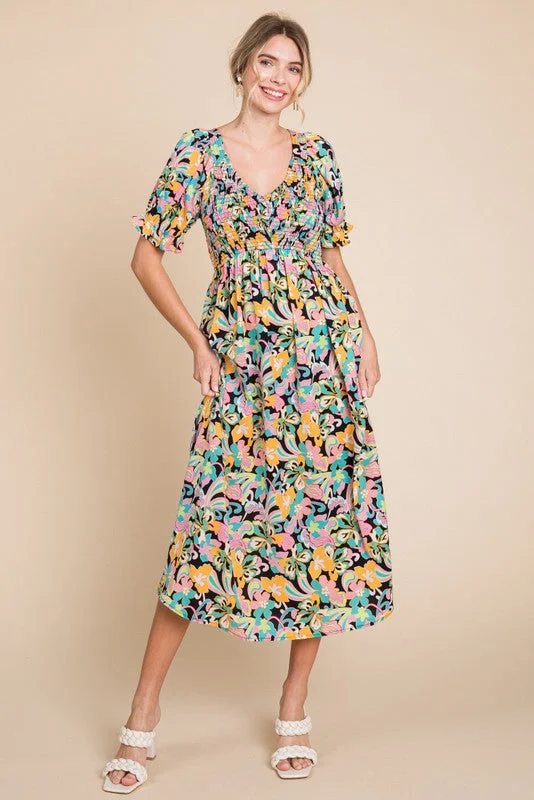Best Seller stylish party dressBlack Floral Smocked Ruffle Short Sleeve Midi Dress