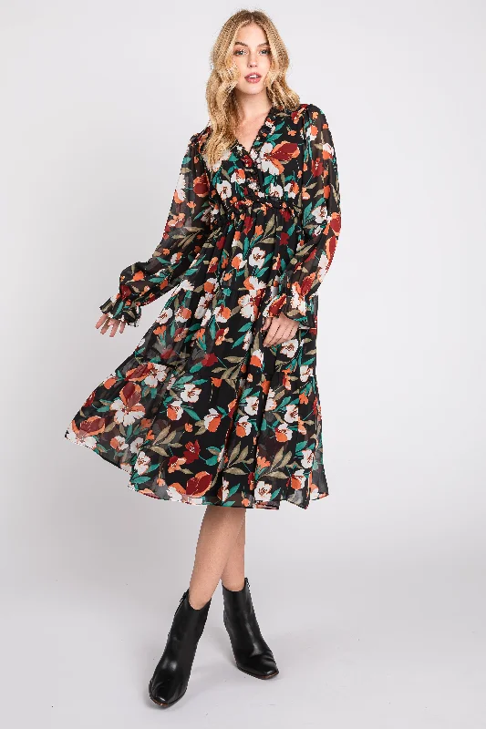 Super Sale bodycon dressBlack Floral Ruffle V-Neck Dress