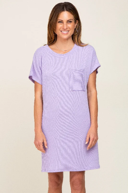 Grand Opening Sale draped dressLavender Ribbed Front Pocket Dolman Short Sleeve Dress