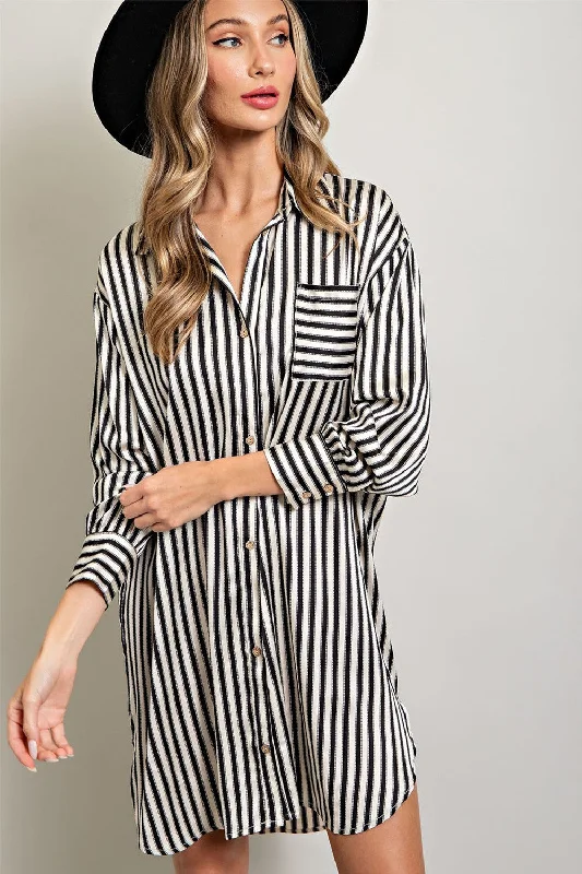 Now or Never pleated dressBlack Cream Striped Collared Button-Down Dress
