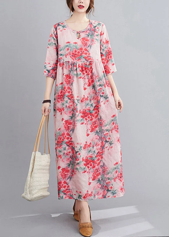 The Best Prices fitted cocktail dressOriginal Design Red O-Neck Print Linen Loose Dress Half Sleeve