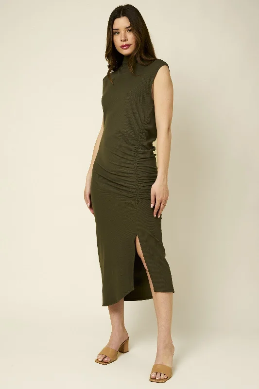 Low Prices wool dressOlive Mock Neck Side Ruched Side Slit Dress