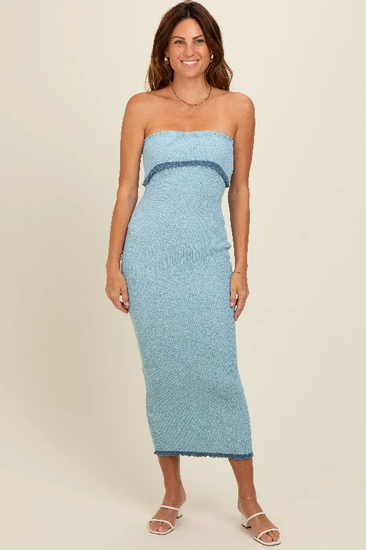 Special Price cocktail party dressLight Blue Contrast Trim Strapless Knit Dress