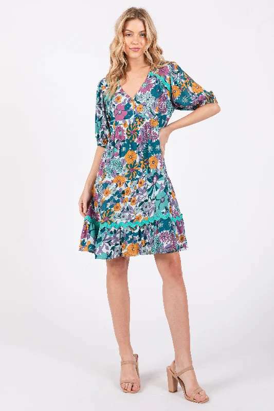 Limited Time Discount A-line dressJade Floral V Neck Half Sleeve Dress