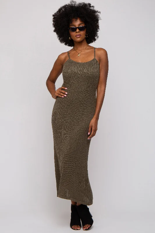 Shop and Save midi dressOlive Open Knit Crochet Midi Dress
