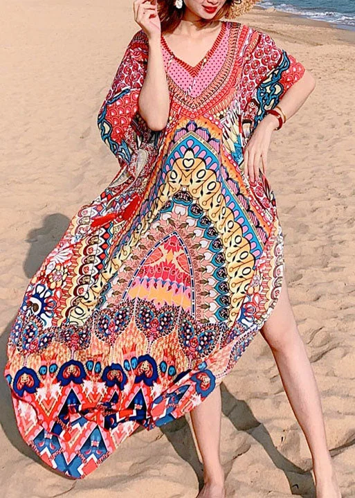 Price Rollback fitted dressBeautiful Red Print Beach Gown Mid Dress Summer