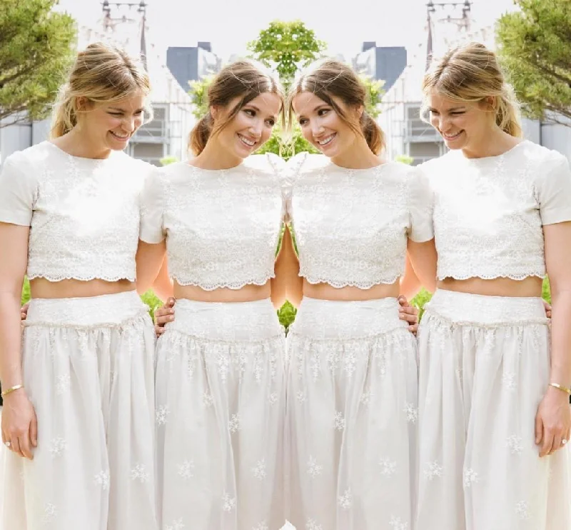 minimalistic dressModern White Two Piece A-line 2018 Bridesmaid Dress Lace Short Sleeve Jewel-326235