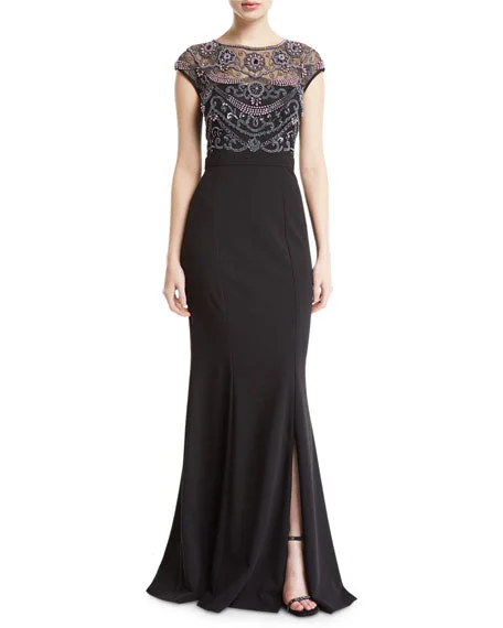 flowy dressAidan Mattox Cap-Sleeve Pearly Beaded-Bodice Gown - Black