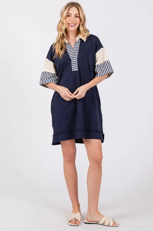 Crazy Deals floral midi dressNavy Blue Striped Color Block Collared Terry Dress