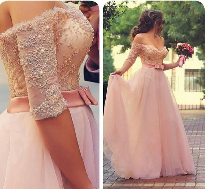 mini dressLovely Princess Beadings Tulle Half Sleeves Long Prom Dress-319509