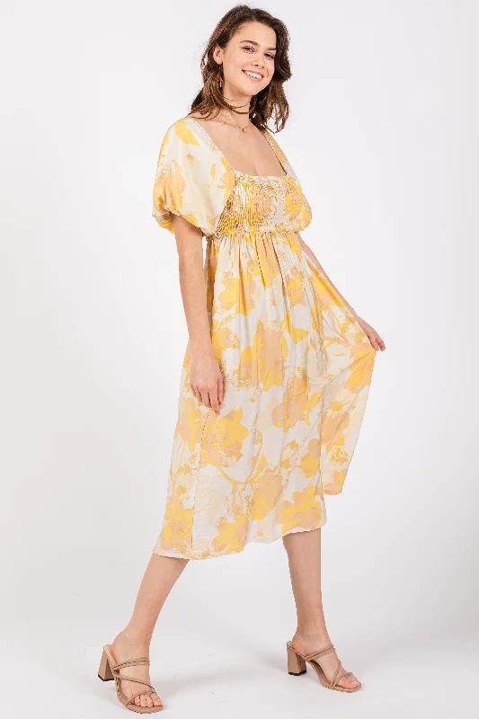 Time-Limited Offer mini dressYellow Floral Square Neck Smocked Short Puff Sleeve Midi Dress