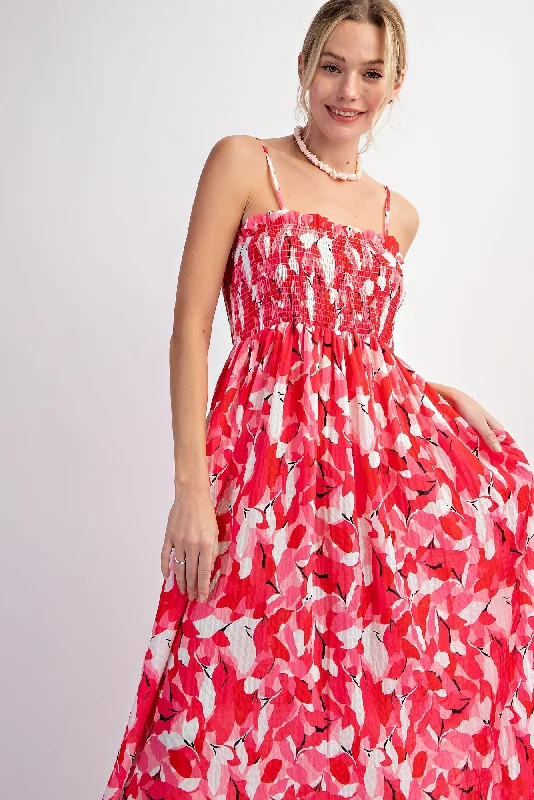 Take Advantage shift dressFuchsia Abstract Floral Smocked Midi Dress
