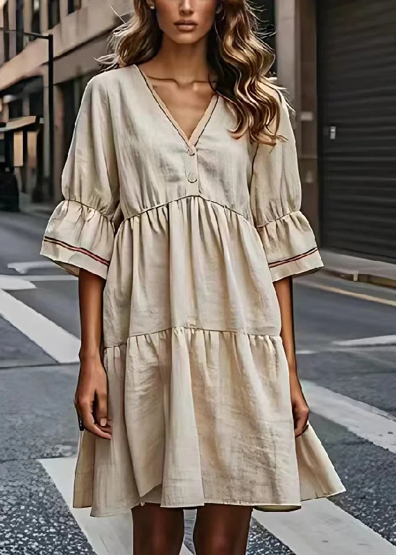 stylish party dressFrench Beige V Neck Wrinkled Patchwork Cotton Dresses Summer