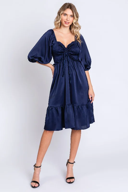 Crazy Deals evening dressNavy Satin Smocked Ruffle Hem Dress