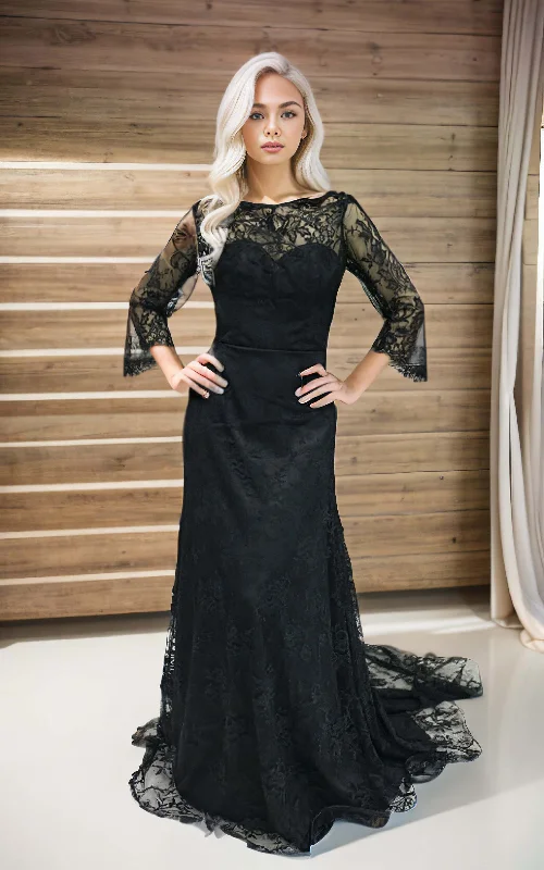 casual shift dressGothic Black A-Line Boho Lace Bell Sleeves Wedding Dress Vintage Inspired Modest Sheath Bateau Neck Appliqued Bridal Gown