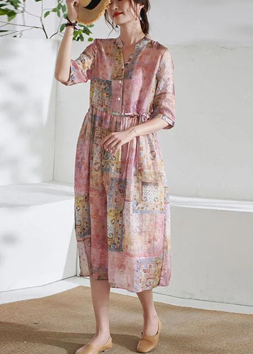 Online Only comfy dressArt Pink Tie Waist Button Print Summer Ramie Vacation Dresses Half Sleeve