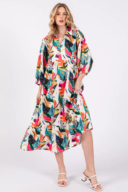 Deep Discounts satin dressCream Leaf Print Half Length Sleeve Midi Dress
